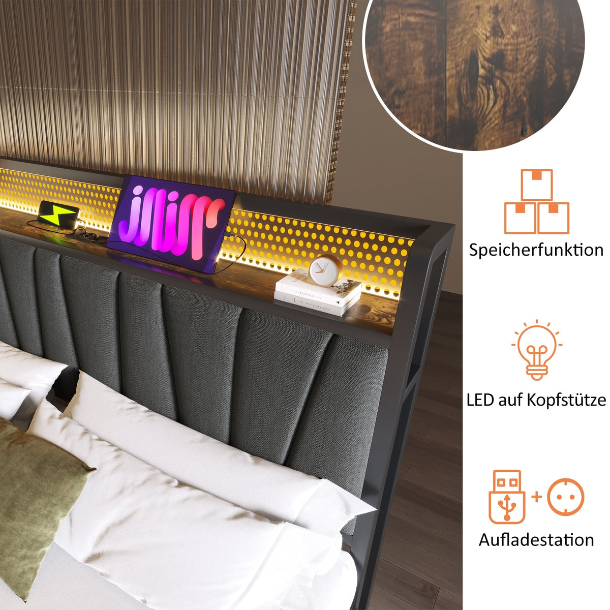 Upholstered Metal Bed, LED App-Control, USB Charging, 160x200cm, Gray