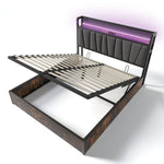 Upholstered Metal Bed, LED App-Control, USB Charging, Headboard & Lighting, Gray