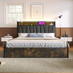 Upholstered Metal Bed, LED App-Control Double with USB, Gray
