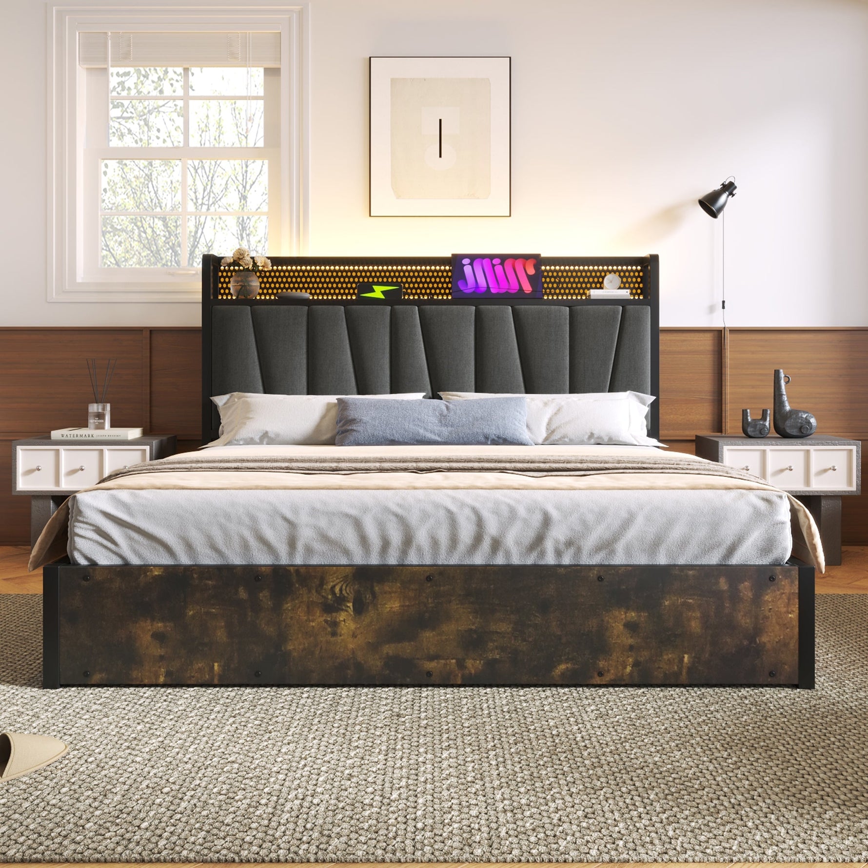 Upholstered Metal Bed, LED App-Control Double with USB, Gray