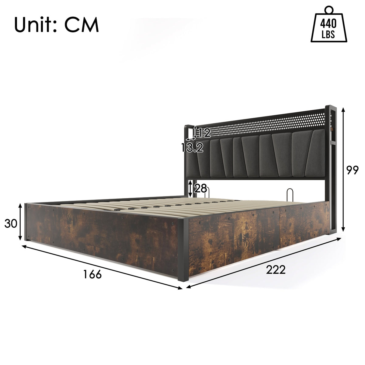 Upholstered Metal Bed, LED App-Control, USB Charging, Headboard & Lighting, Gray