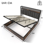 Upholstered Metal Bed, LED App-Control Double with USB, Gray