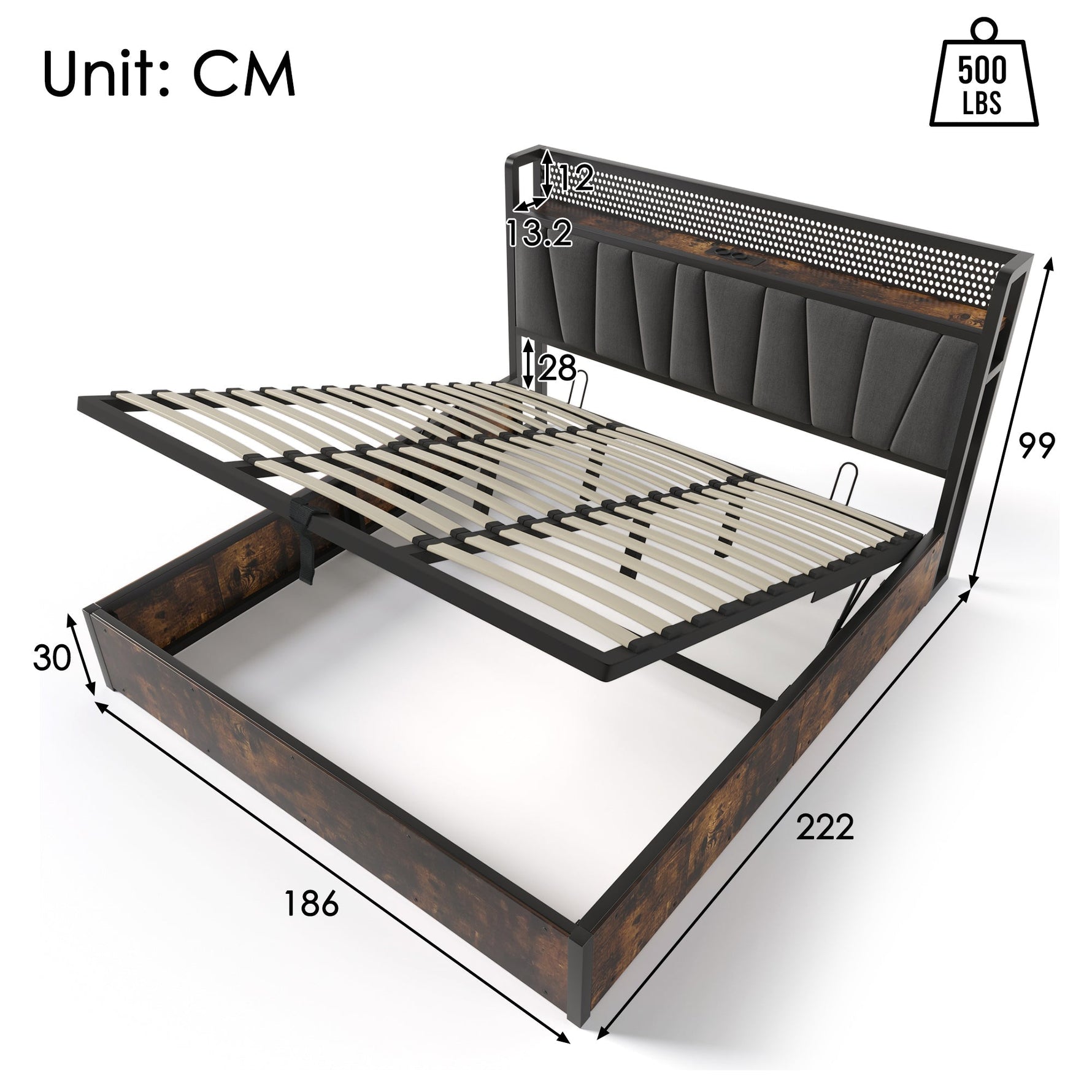 Upholstered Metal Bed, LED App-Control Double with USB, Gray