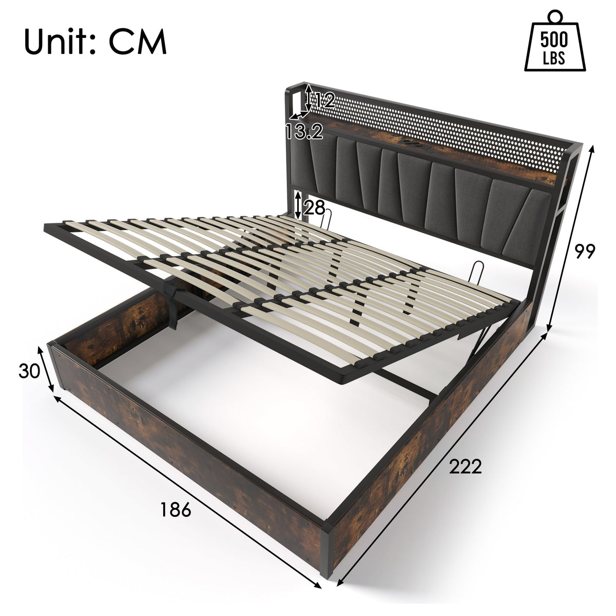 Upholstered Metal Bed with LED App Control, USB Charging and Headboard, 180x200cm, Grey