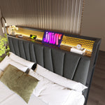 Upholstered Metal Bed, LED App-Control Double with USB, Gray
