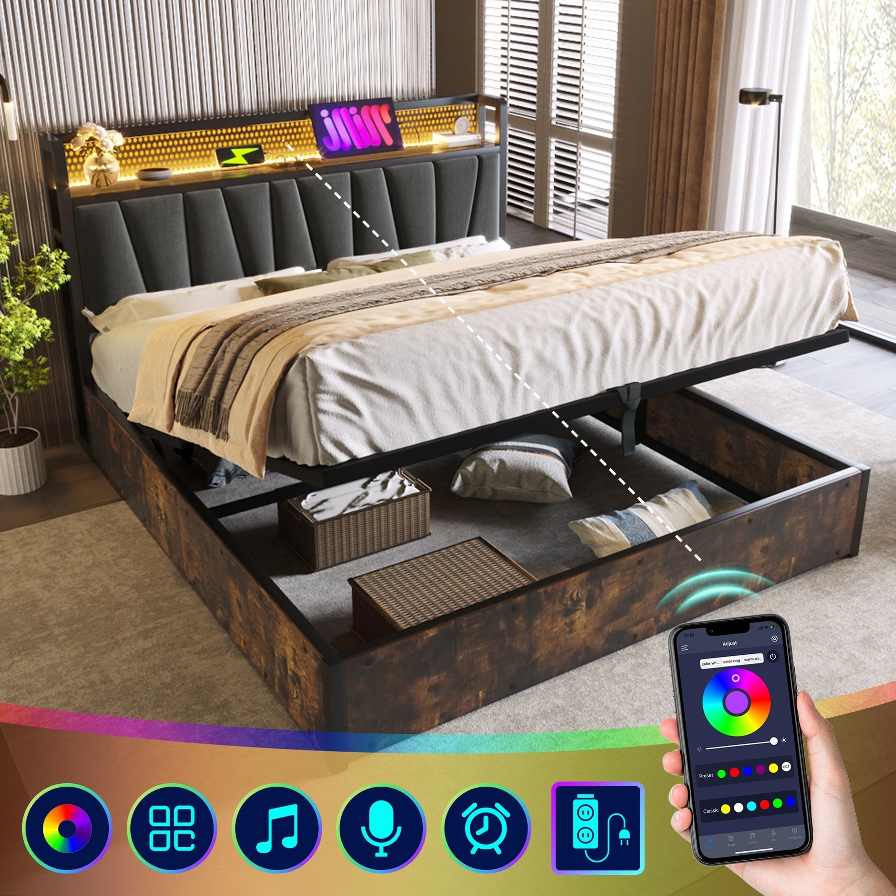 Upholstered Metal Bed, LED App-Control Double with USB, Gray