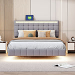 Upholstered Bed 140x200cm, Floating Frame with LED Lights & Headboard, Linen Grey