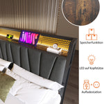 Upholstered Metal Bed, LED App-Control Double with USB, Gray