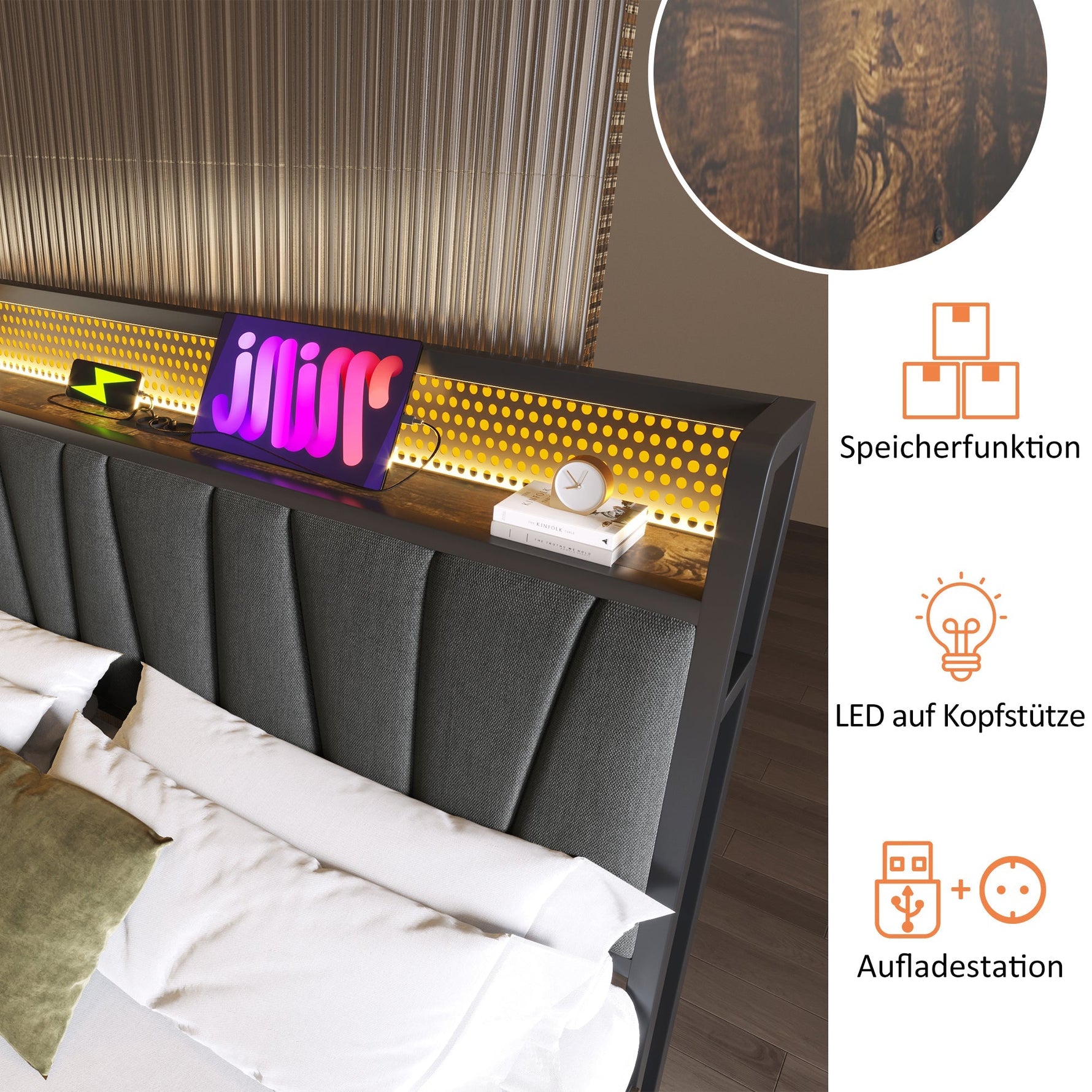 Upholstered Metal Bed, LED App-Control Double with USB, Gray