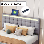 Upholstered Bed 140x200cm, Floating Frame with LED Lights & Headboard, Linen Grey