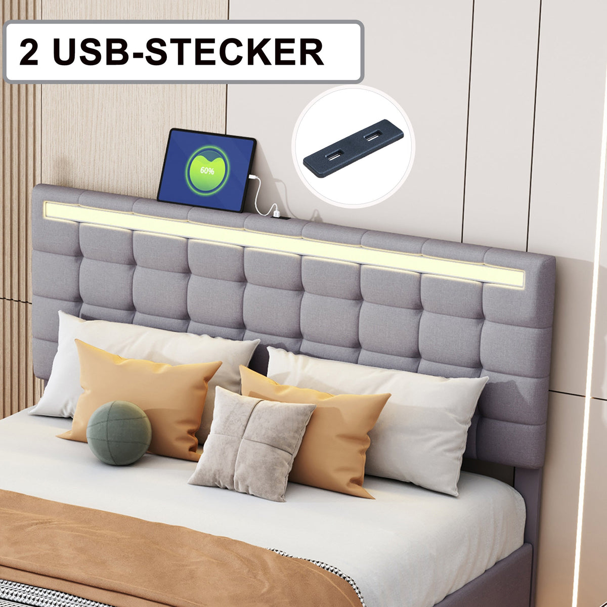 Upholstered Bed 140x200cm, Floating Frame with LED Lights & Headboard, Linen Grey