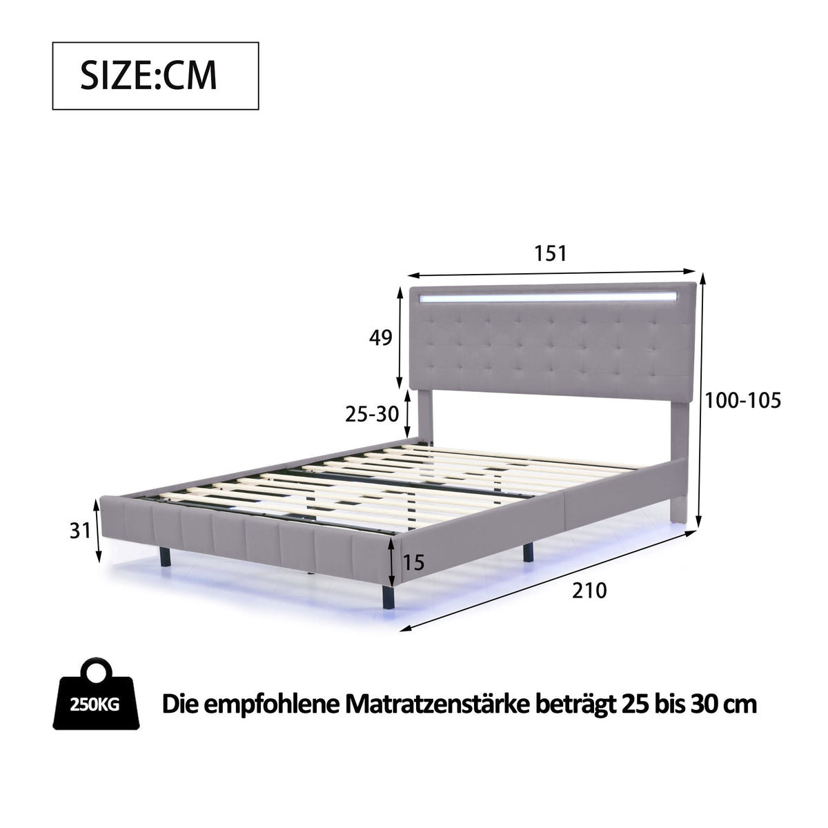 Upholstered Bed 140x200cm, Floating Frame with LED Lights & Headboard, Linen Grey