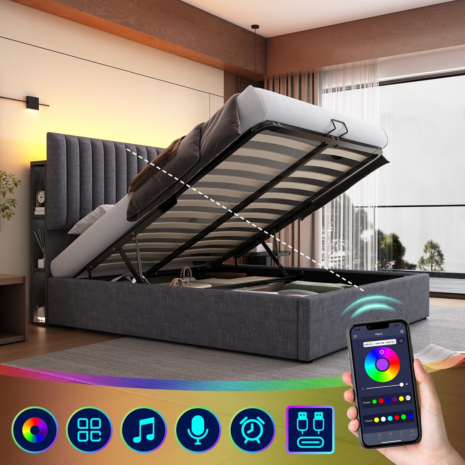 Upholstered Bed, Double, LED App-Control, USB-C Charging, Storage, Adjustable Headboard, Wood, Gray
