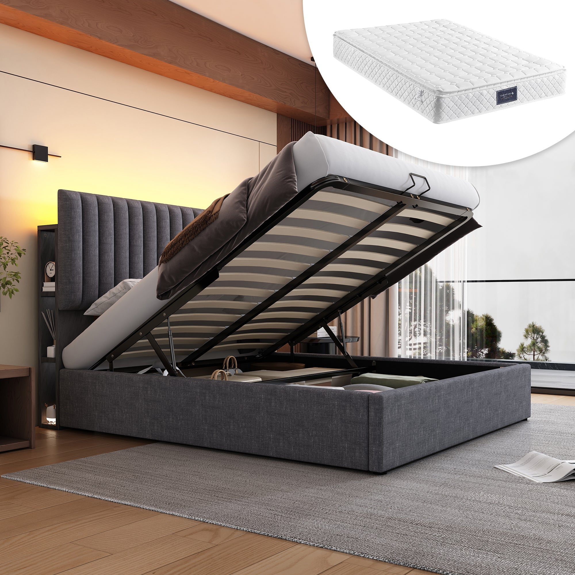 Upholstered Bed, Double with LED, USB & Type C Charging, Storage, Adjustable Headboard, 160x200cm, Gray