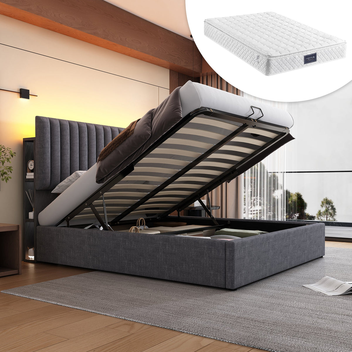 Upholstered Bed, Double with LED, USB & Type C Charging, Storage, Adjustable Headboard, 160x200cm, Gray