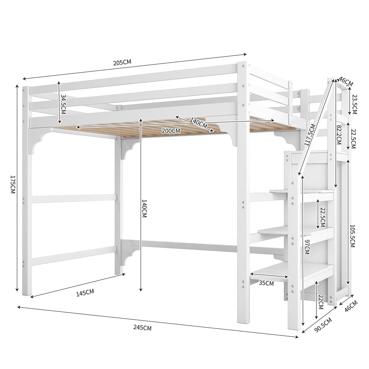 Loft Bed 140x200cm Steps Wardrobe Storage - White