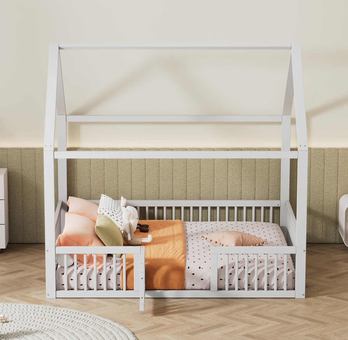 House Bed 140x200cm Double with Door - Solid Wood White