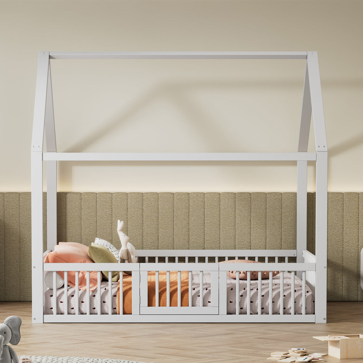 House Bed 140x200cm Double with Door - Solid Wood White
