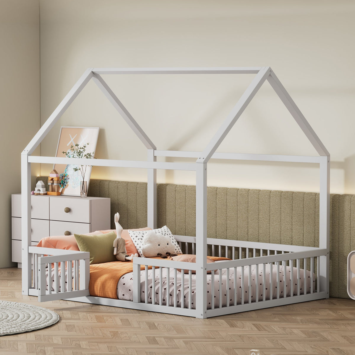 House Bed 140x200cm Double with Door - Solid Wood White
