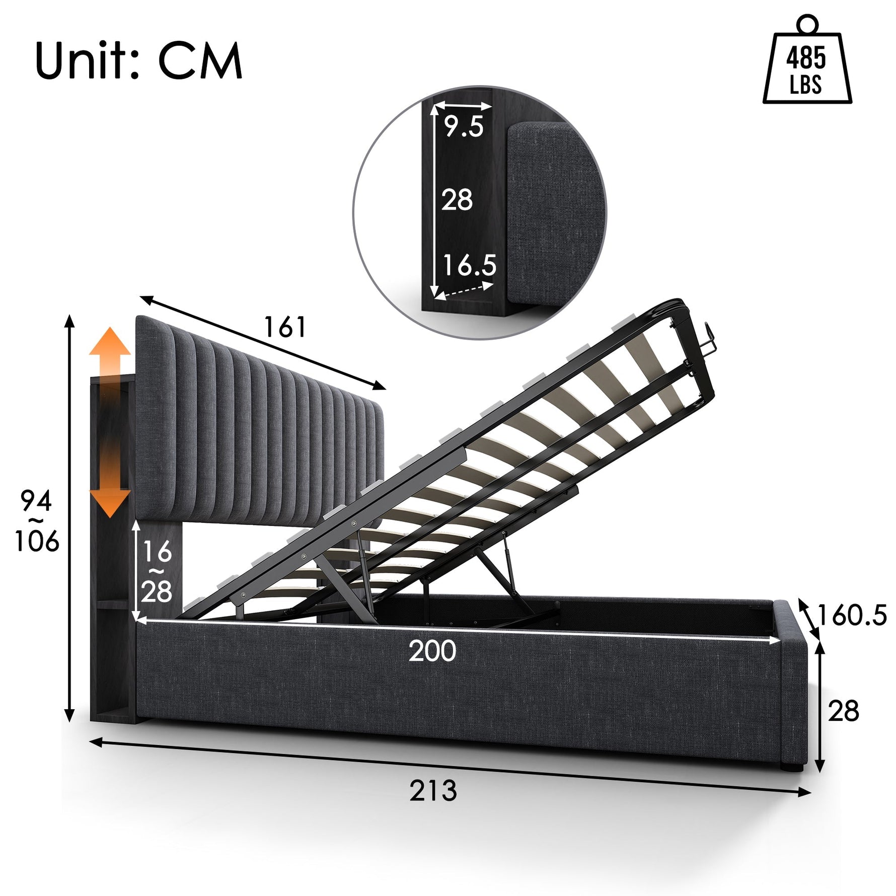 Upholstered Bed, Double, LED App-Control, USB-C Charging, Storage, Adjustable Headboard, Wood, Gray