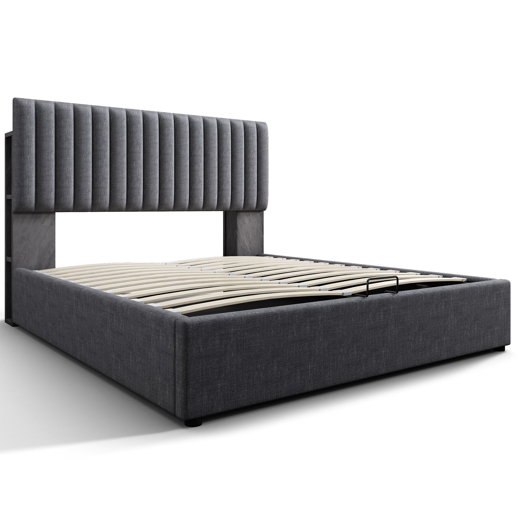Upholstered Bed, Double, LED App-Control, USB-C Charging, Storage, Adjustable Headboard, Wood, Gray