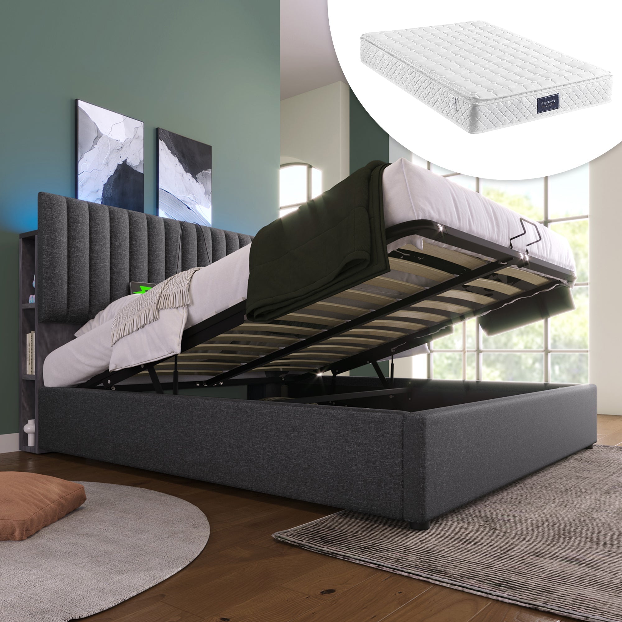 Upholstered Bed LED Storage USB 140x200cm Grey