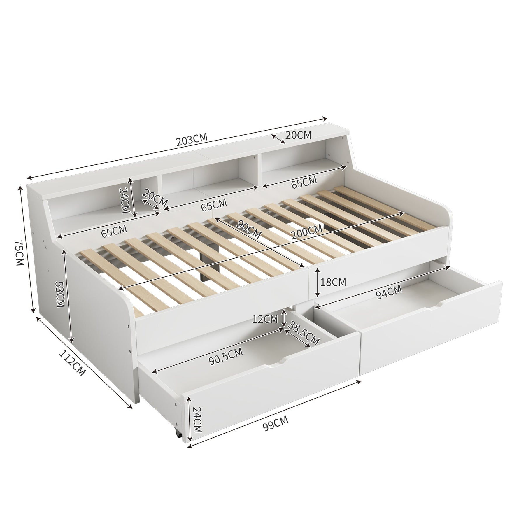 Daybed 90x200cm Single 2 Drawers Storage - White