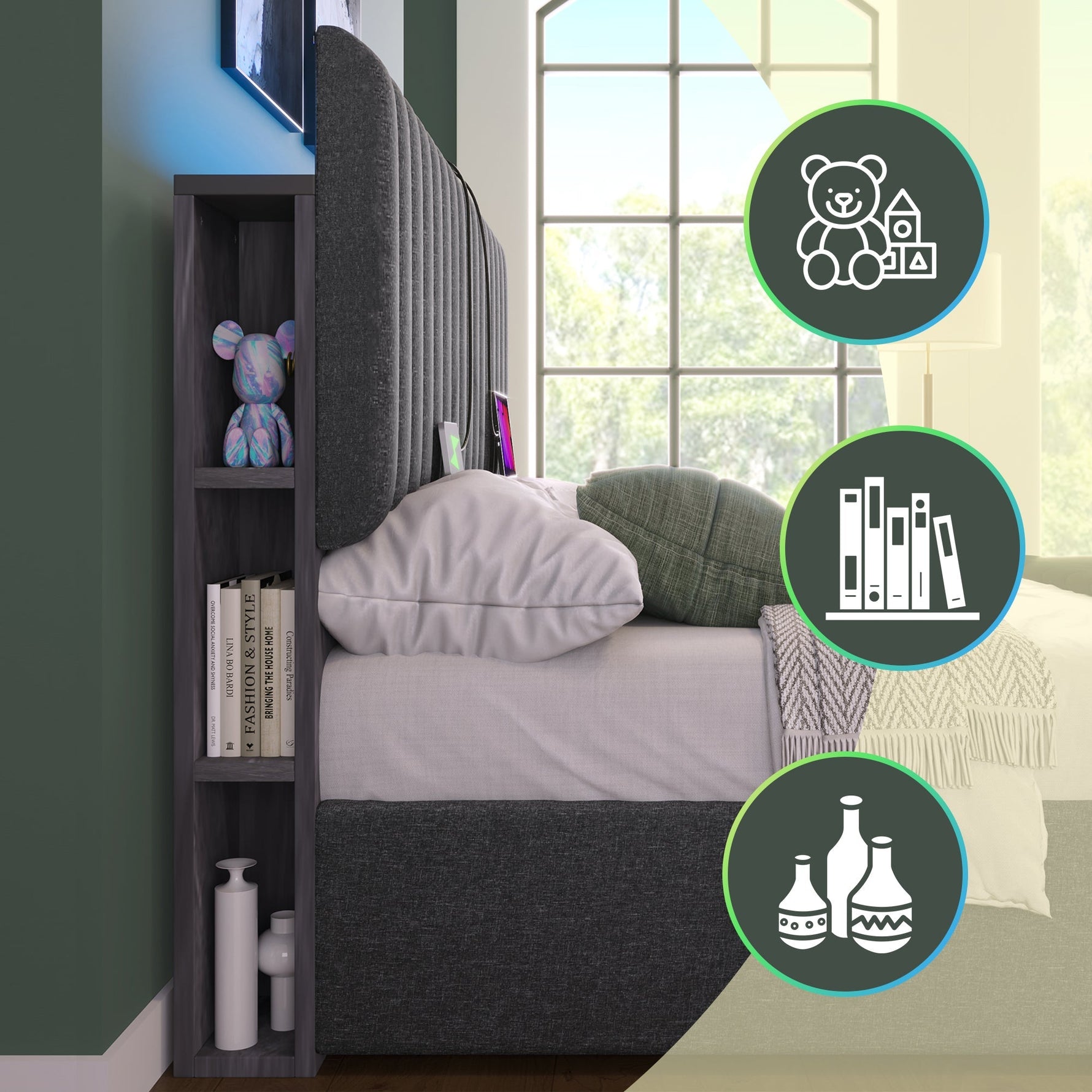 Upholstered Bed, Double, LED App-Control, USB-C Charging, Storage, Adjustable Headboard, Wood, Gray