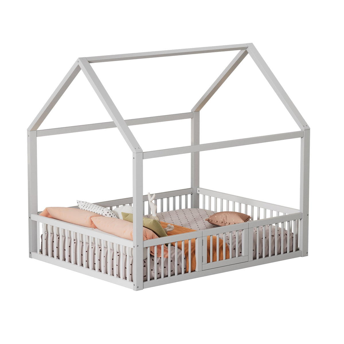 House Bed 140x200cm Double with Door - Solid Wood White