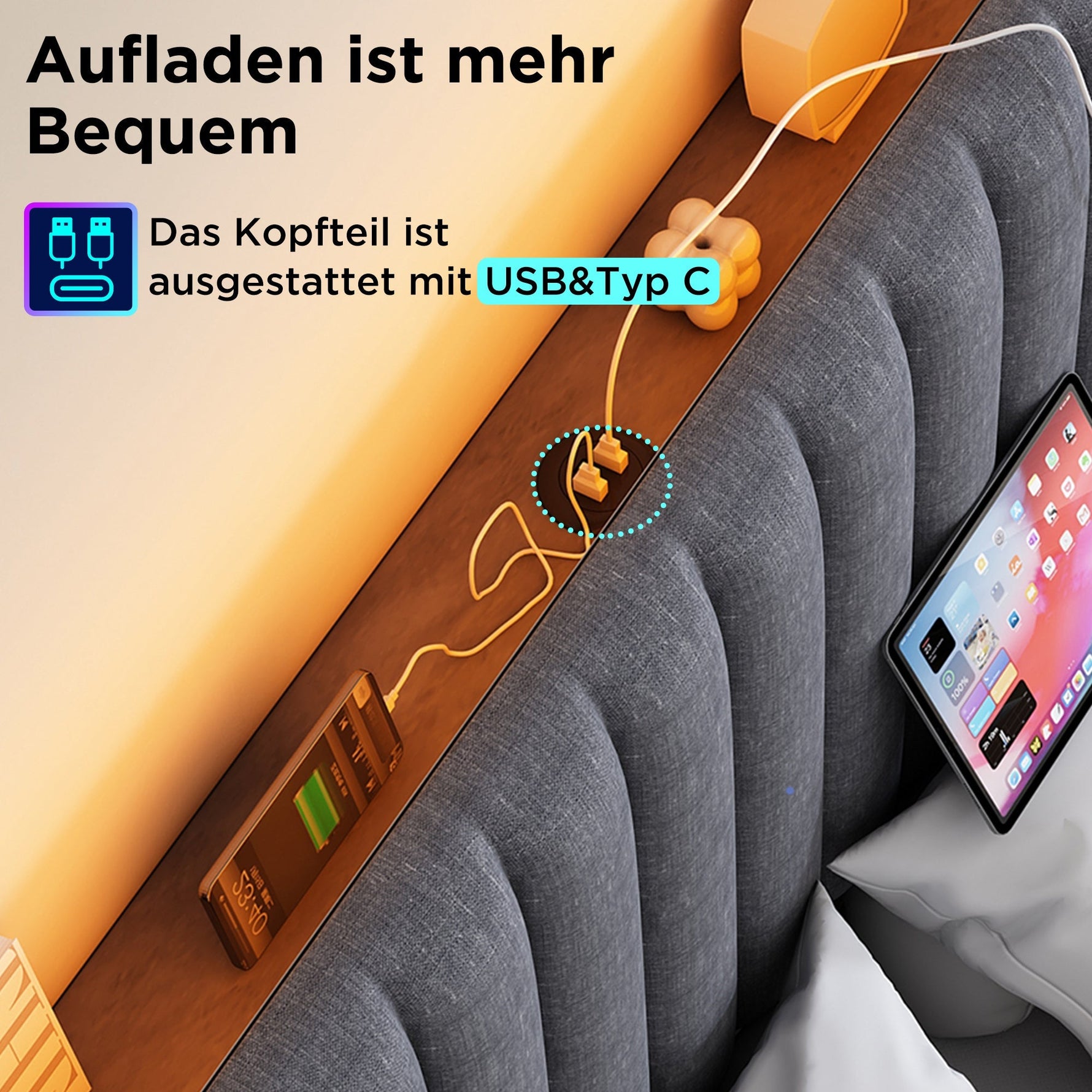 Upholstered Bed Double Storage LED App-Control USB Adjustable Headboard 140x200cm, Grey