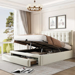 Upholstered Double Bed 140x190cm Hydraulic Storage Headboard 2 Drawers Velvet Beige