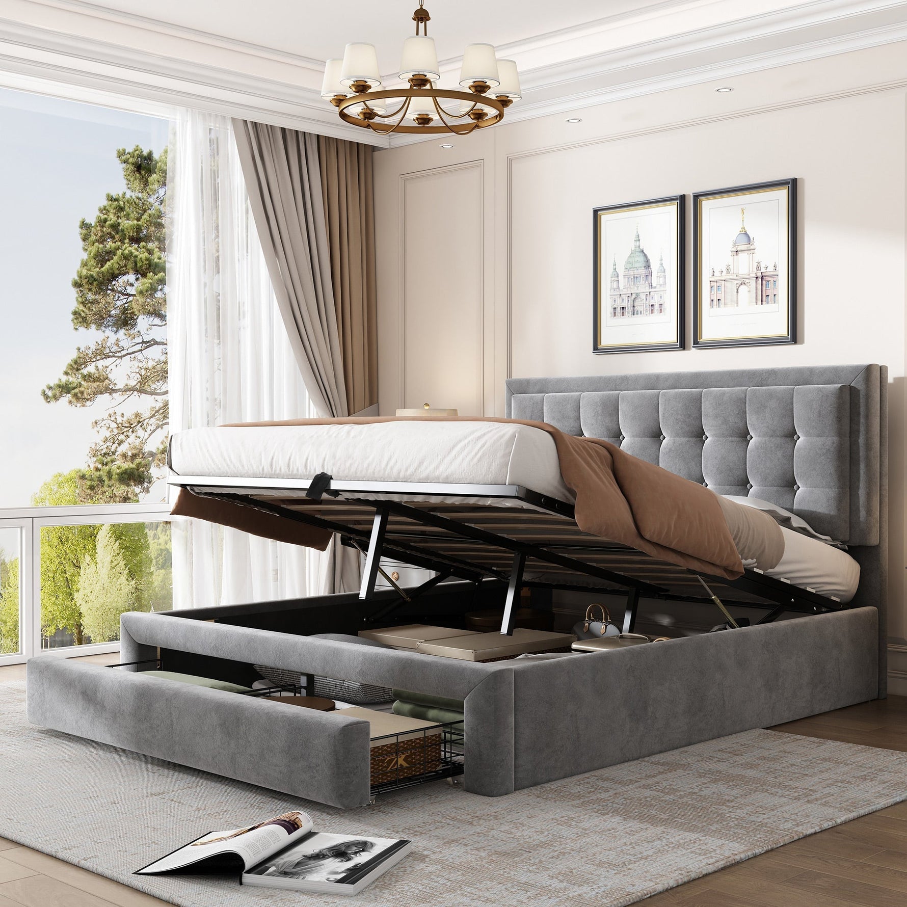 Upholstered Double Bed 140x200cm Storage Box & Drawers Slatted Frame - Velvet Grey