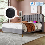 Upholstered Double Bed, USB Type C Charging, 140x200 cm, Gray Linen