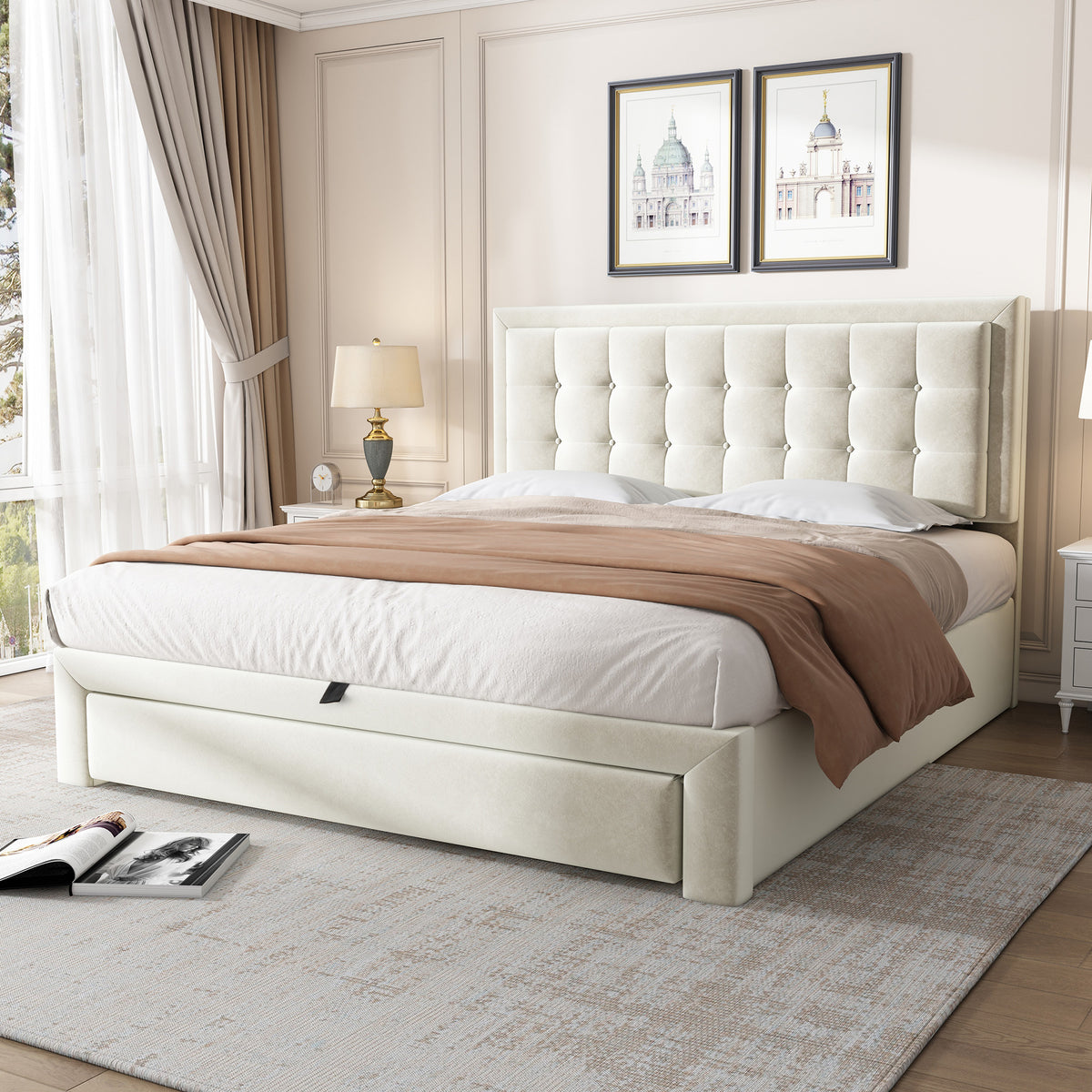 Upholstered Storage Bed 140x200 with 2 Drawers, Beige Velvet