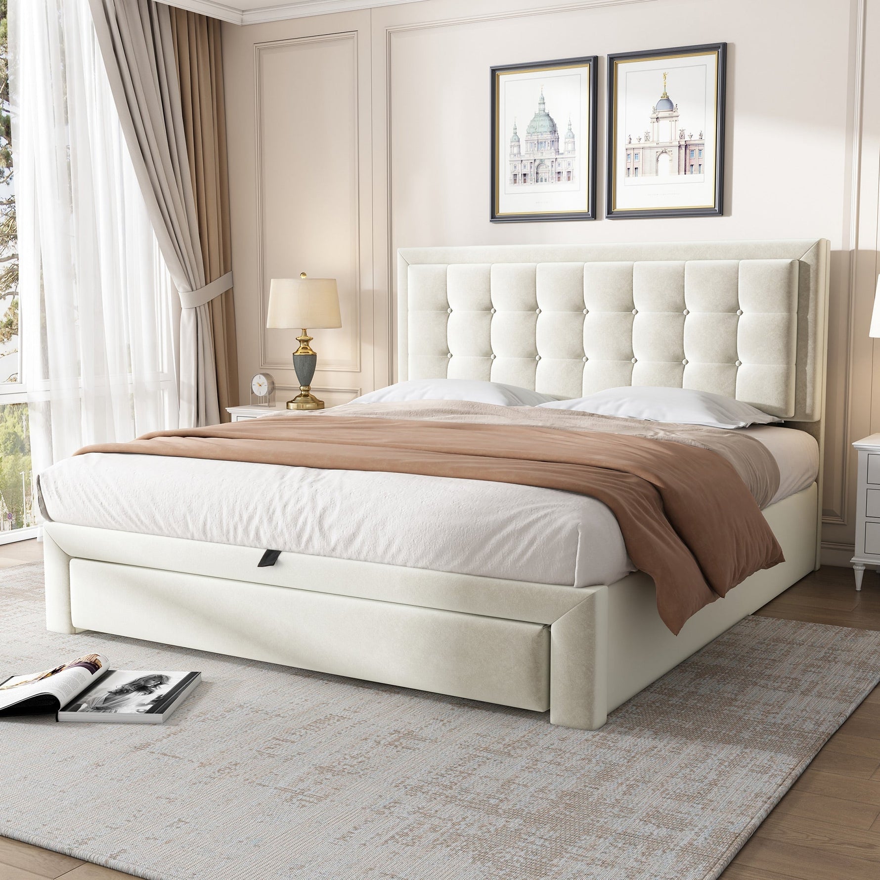 Upholstered Double Bed 140x190cm Hydraulic Storage Headboard 2 Drawers Velvet Beige