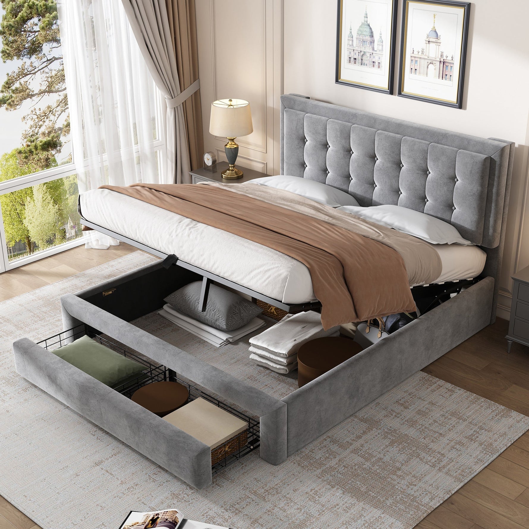 Upholstered Double Bed 140x200cm Storage Box & Drawers Slatted Frame - Velvet Grey