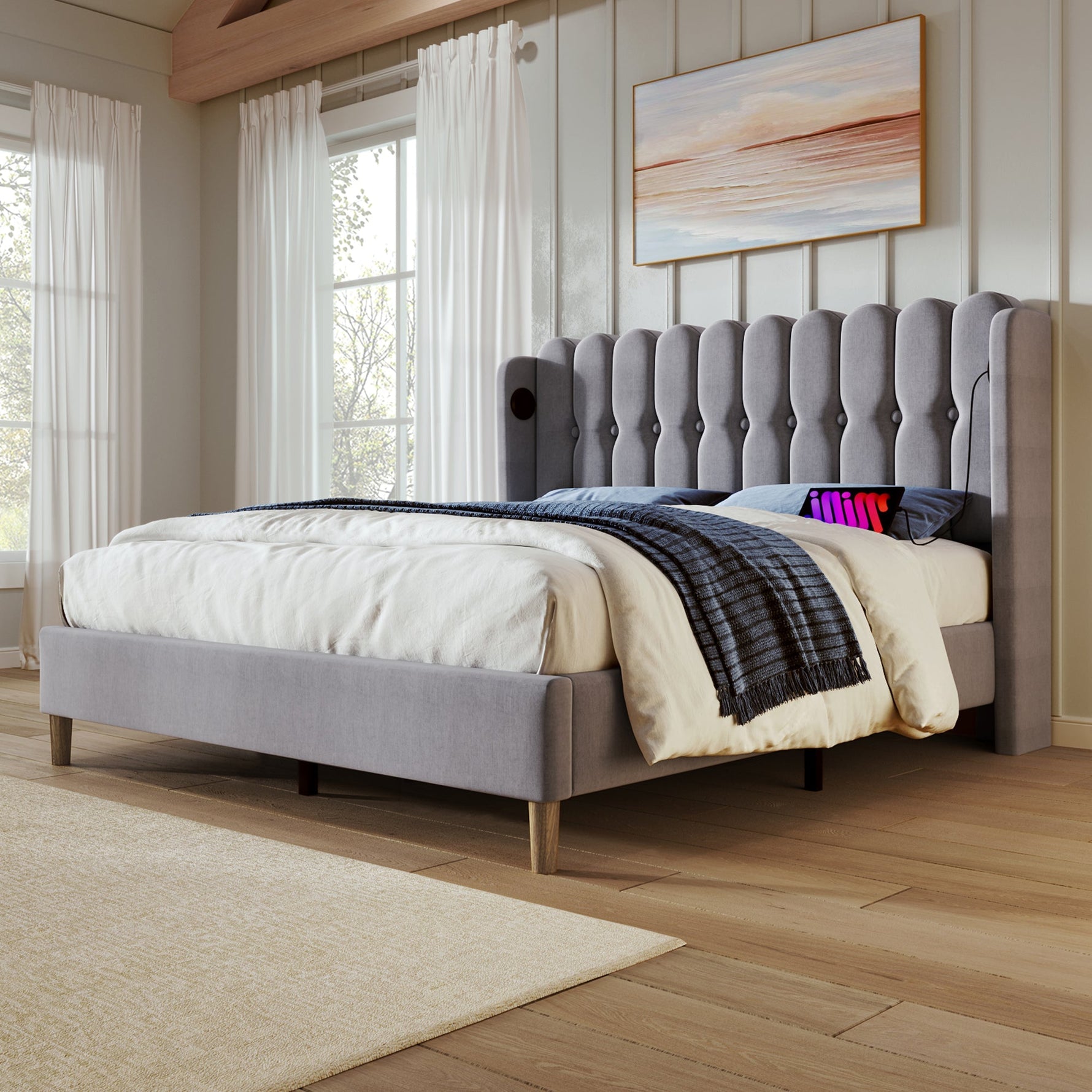 Upholstered Double Bed, USB Type C Charging, 140x200 cm, Gray Linen