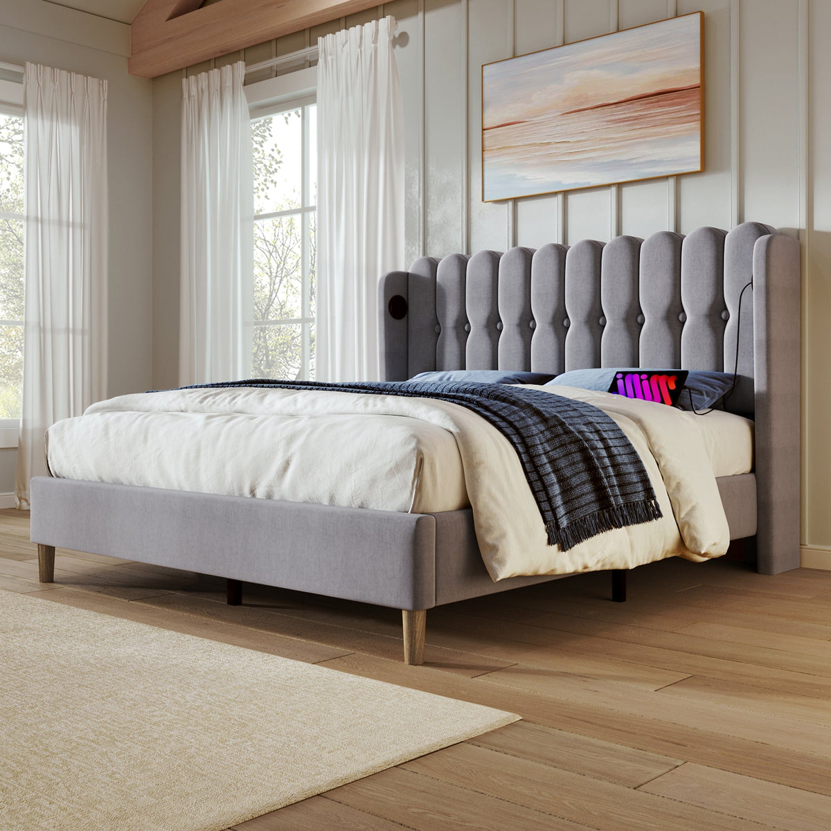 Upholstered Double Bed, 160x200cm, USB Type C Charging, Gray Linen