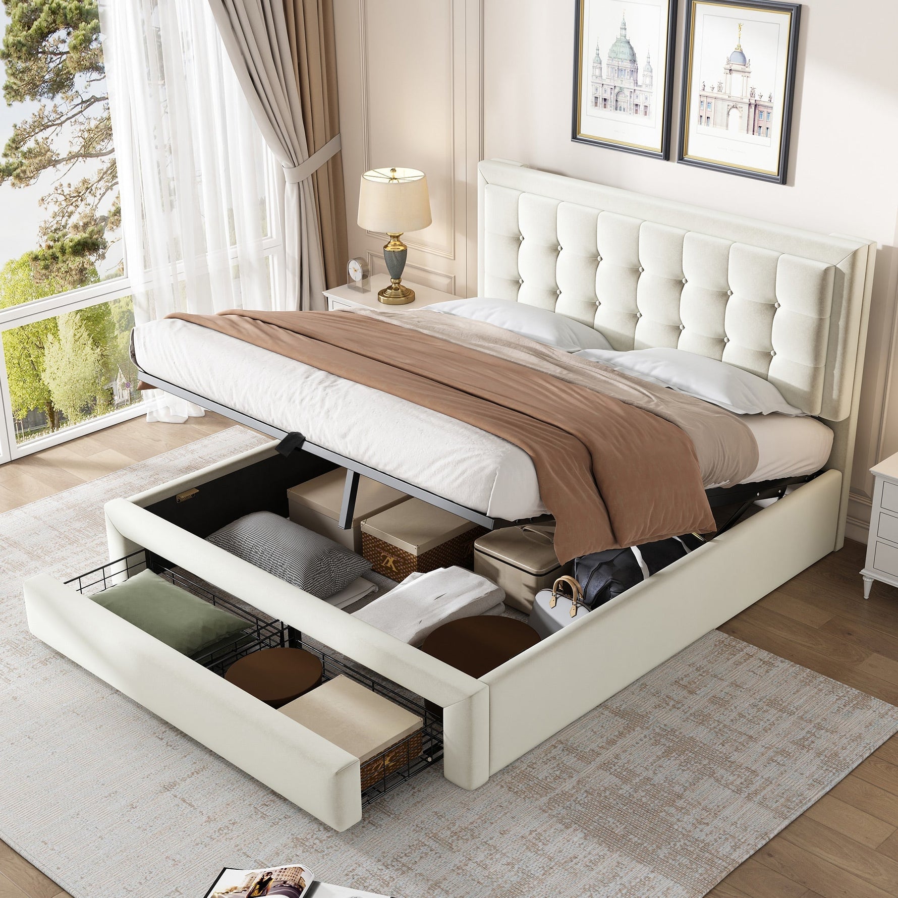 Upholstered Double Bed 140x190cm Hydraulic Storage Headboard 2 Drawers Velvet Beige