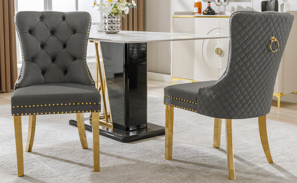 Dining Chair Set of 2 Upholstered Round Pull Ring Back Nailhead Trim Gold-Plated Stainless Steel Grey Velvet/Gold