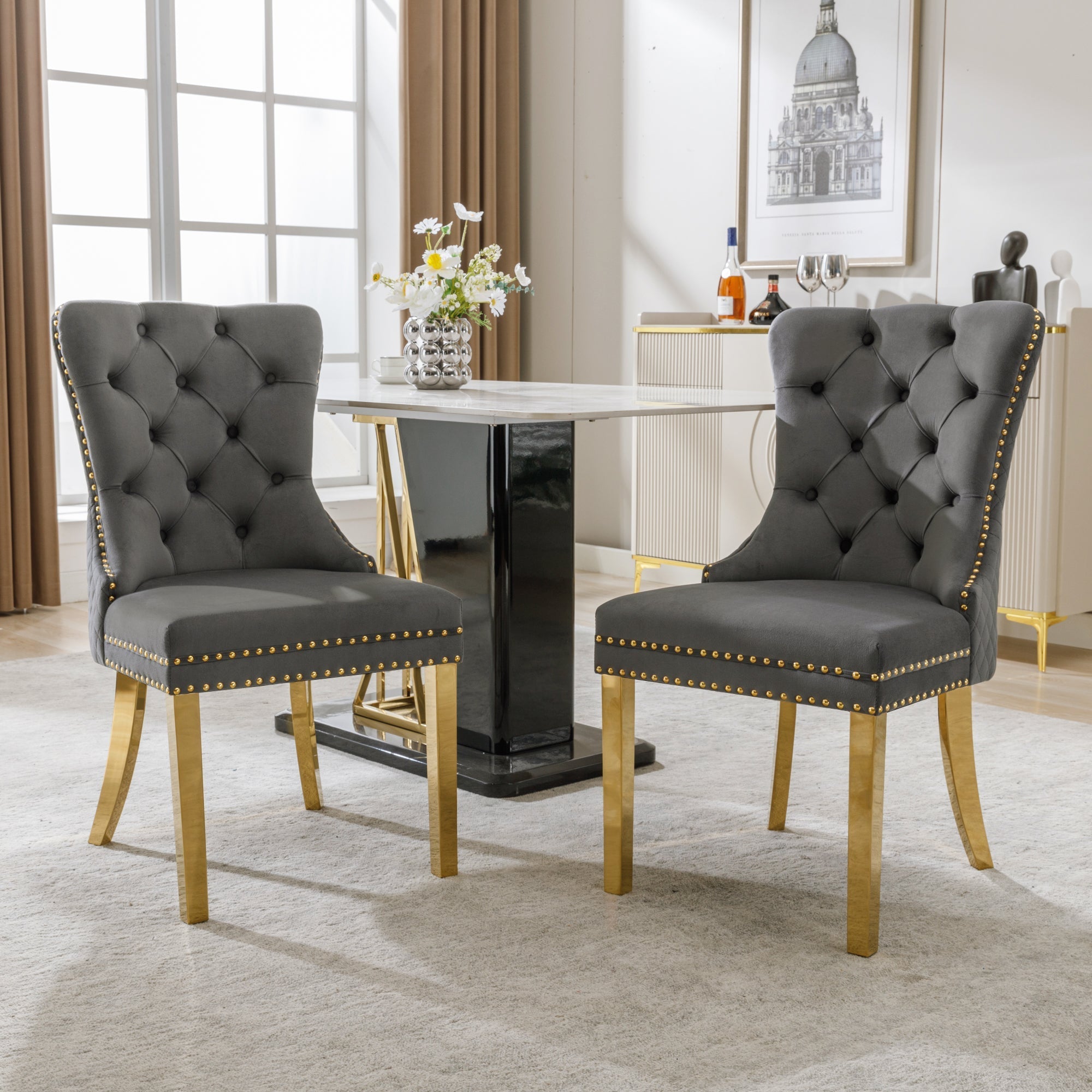 Dining Chair Set of 2 Upholstered Round Pull Ring Back Nailhead Trim Gold-Plated Stainless Steel Grey Velvet/Gold