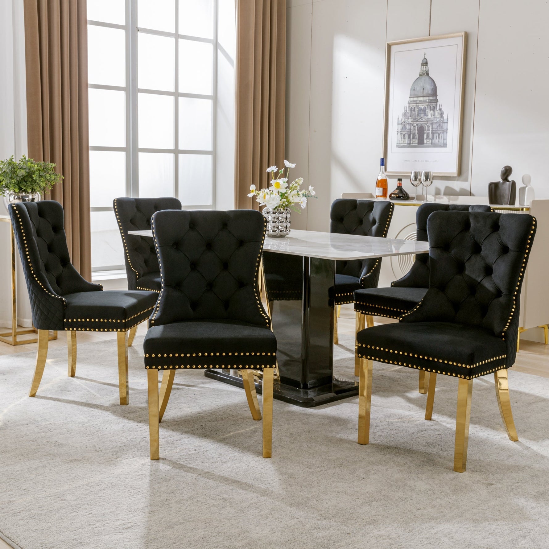 Dining Chair Set of 6 Upholstered Velvet Round Pull Ring Back Nailhead Trim Black/Gold