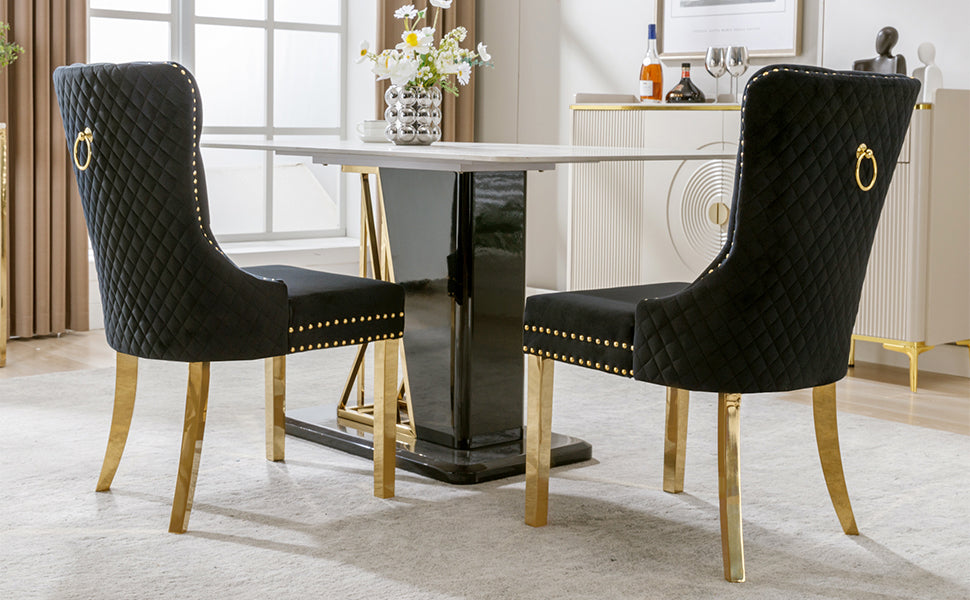 Dining Chair Set of 2 Upholstered Velvet Round Pull Ring Back Nailhead Trim Black/Gold