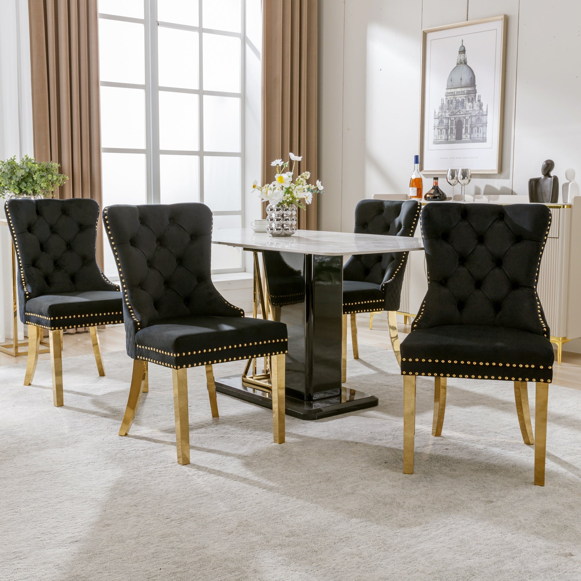 Set of 4 Dining Chairs Velvet Upholstered Round Pull Ring Nailhead Trim Black/Gold