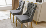 Dining Chair Set of 2 Upholstered Round Pull Ring Back Nailhead Trim Gold-Plated Stainless Steel Grey Velvet/Gold