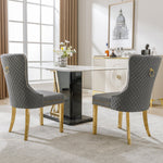 Dining Chair Set of 2 Upholstered Round Pull Ring Back Nailhead Trim Gold-Plated Stainless Steel Grey Velvet/Gold