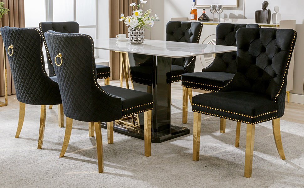 Dining Chair Set of 6 Upholstered Velvet Round Pull Ring Back Nailhead Trim Black/Gold