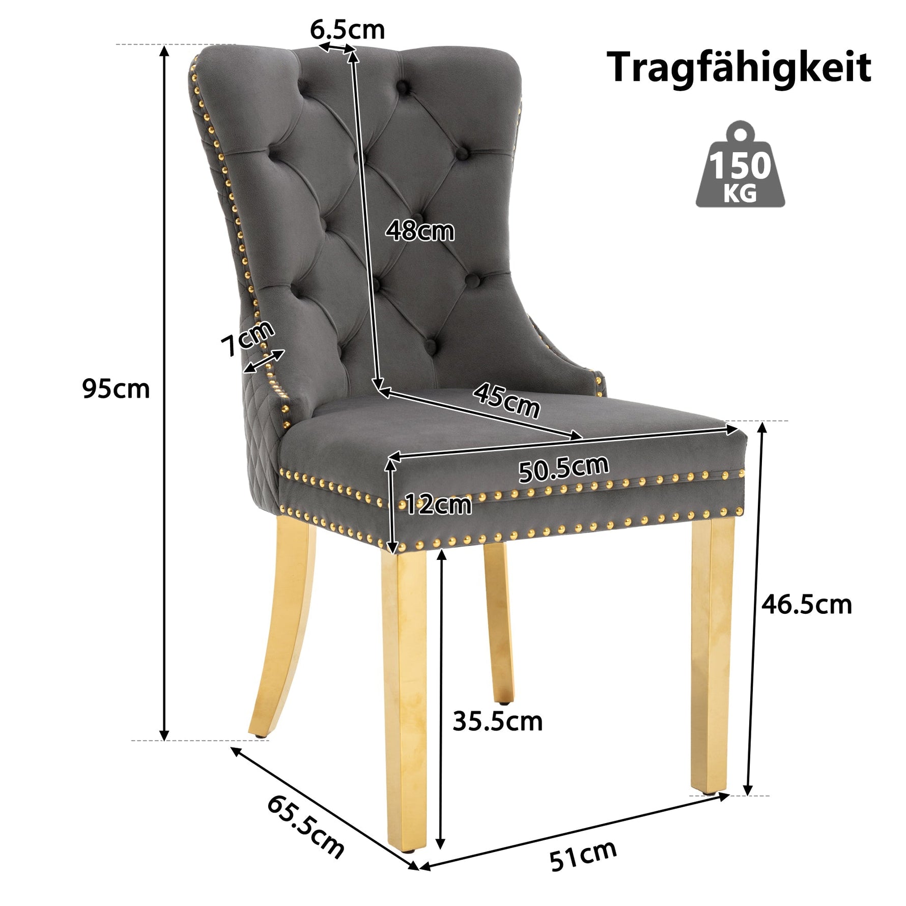 Dining Chair Set of 2 Upholstered Round Pull Ring Back Nailhead Trim Gold-Plated Stainless Steel Grey Velvet/Gold