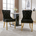 Dining Chair Set of 2 Upholstered Velvet Round Pull Ring Back Nailhead Trim Black/Gold