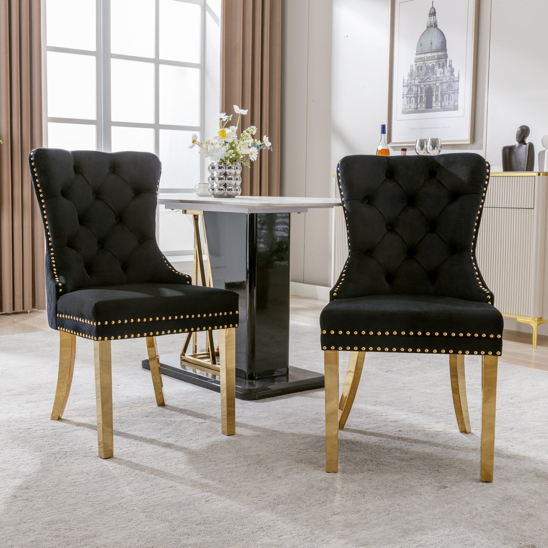 Dining Chair Set of 2 Upholstered Velvet Round Pull Ring Back Nailhead Trim Black/Gold